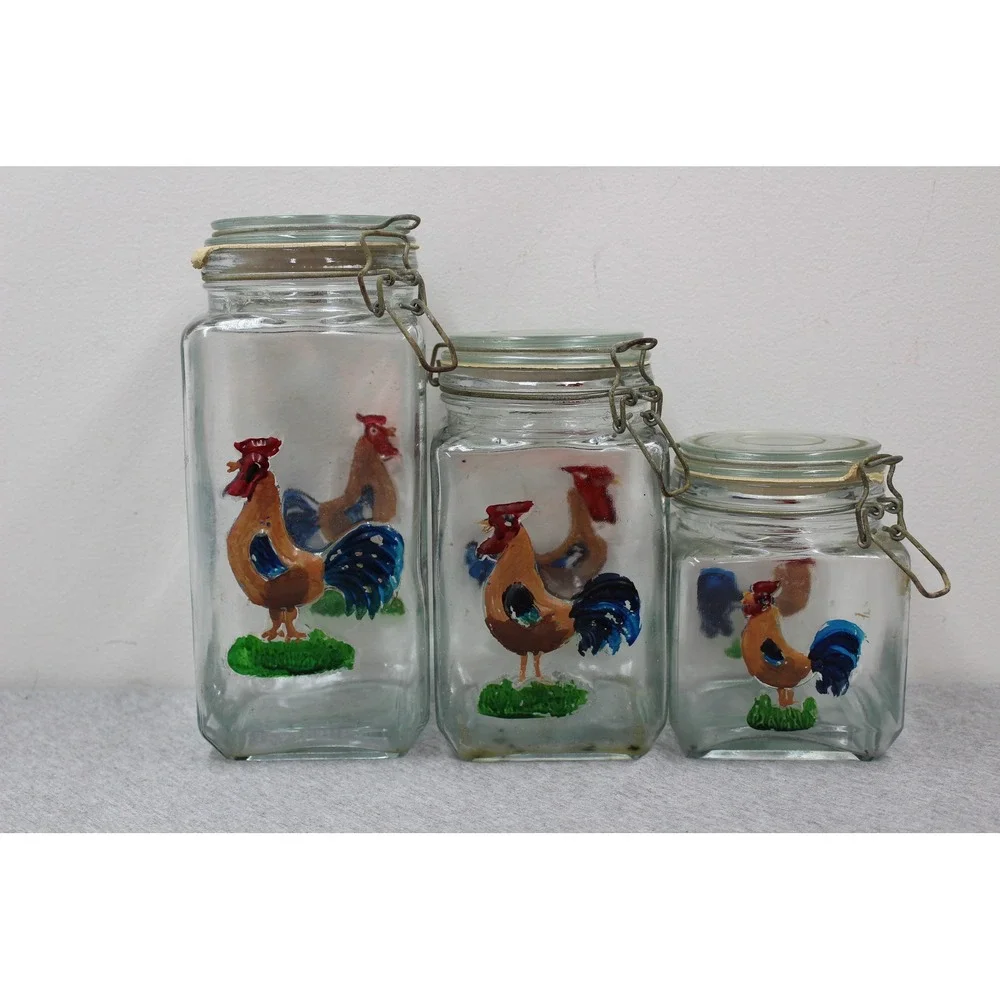Vintage Hand Painted Rooster Canisters‎ Clear Glass Wire Bale Lid 3pc Set